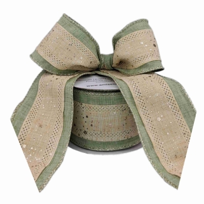 Stuha jutová s drátkem zelená vánoční tečky 9.1 m