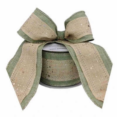 Stuha jutová s drátkem zelená vánoční tečky 9.1 m