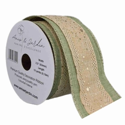 Stuha jutová s drátkem zelená vánoční tečky 9.1 m