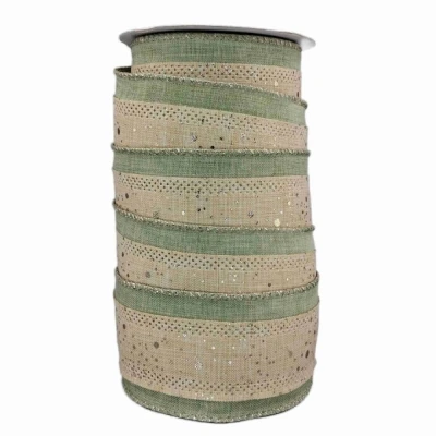 Stuha jutová s drátkem zelená vánoční tečky 9.1 m