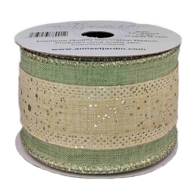 Stuha jutová s drátkem zelená vánoční tečky 9.1 m