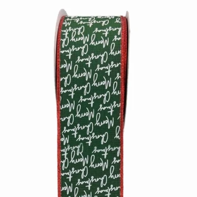 Stuha jutová s drátkem zelená vánoční text 9.1 m
