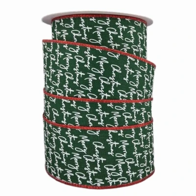 Stuha jutová s drátkem zelená vánoční text 9.1 m