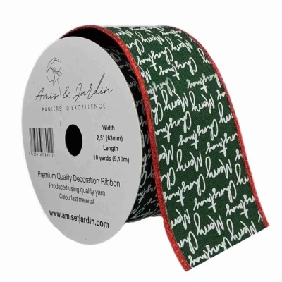 Stuha jutová s drátkem zelená vánoční text 9.1 m