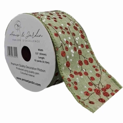 Stuha jutová s drátkem zelená vánoční větvičky s bobulkami 9.1 m