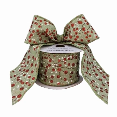 Stuha jutová s drátkem zelená vánoční větvičky s bobulkami 9.1 m