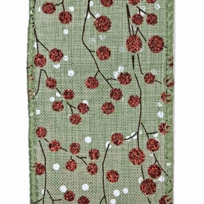 Stuha jutová s drátkem zelená vánoční větvičky s bobulkami 9.1 m