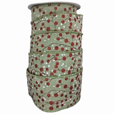 Stuha jutová s drátkem zelená vánoční větvičky s bobulkami 9.1 m