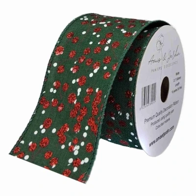 Stuha jutová s drátkem zelená vánoční větvičky s bobulkami 9.1 m