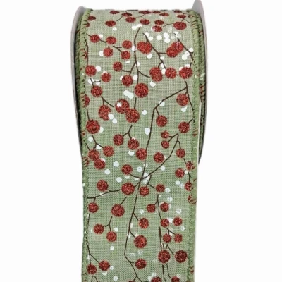 Stuha jutová s drátkem zelená vánoční větvičky s bobulkami 9.1 m