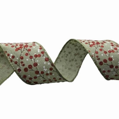 Stuha jutová s drátkem zelená vánoční větvičky s bobulkami 9.1 m