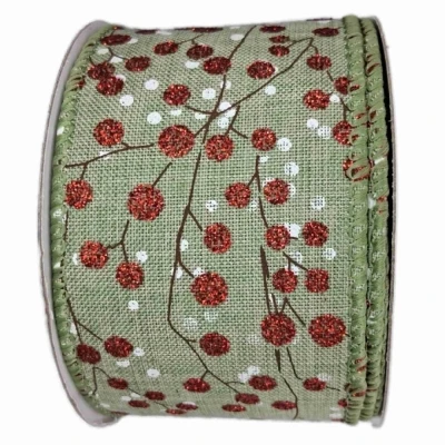 Stuha jutová s drátkem zelená vánoční větvičky s bobulkami 9.1 m