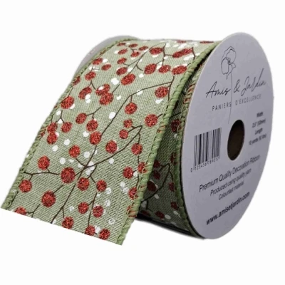 Stuha jutová s drátkem zelená vánoční větvičky s bobulkami 9.1 m