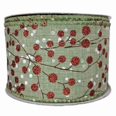 Stuha jutová s drátkem zelená vánoční větvičky s bobulkami 9.1 m