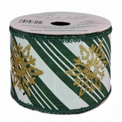 Stuha jutová s drátkem zelená zimní sněhové vločky 9.1 m