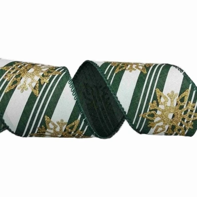 Stuha jutová s drátkem zelená zimní sněhové vločky 9.1 m