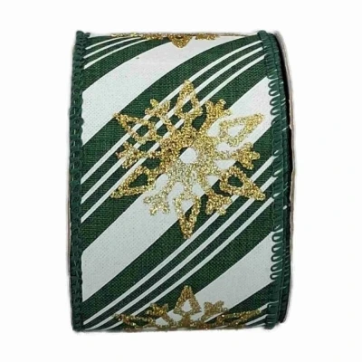 Stuha jutová s drátkem zelená zimní sněhové vločky 9.1 m