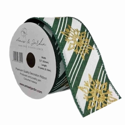 Stuha jutová s drátkem zelená zimní sněhové vločky 9.1 m