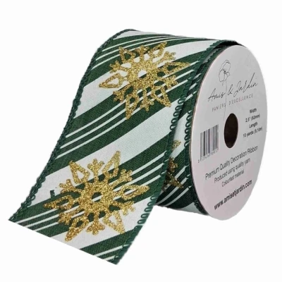 Stuha jutová s drátkem zelená zimní sněhové vločky 9.1 m