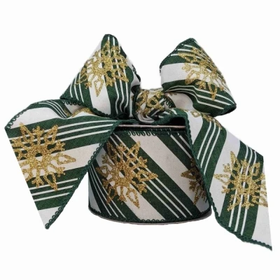 Stuha jutová s drátkem zelená zimní sněhové vločky 9.1 m