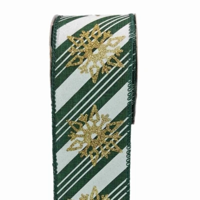 Stuha jutová s drátkem zelená zimní sněhové vločky 9.1 m