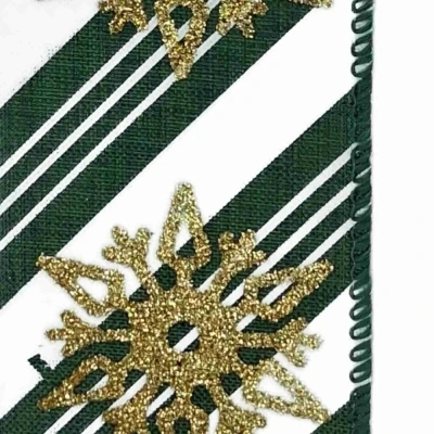 Stuha jutová s drátkem zelená zimní sněhové vločky 9.1 m