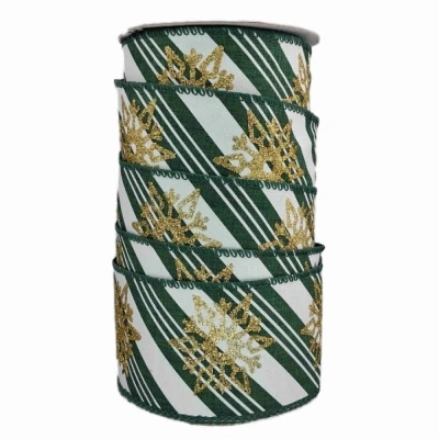 Stuha jutová s drátkem zelená zimní sněhové vločky 9.1 m