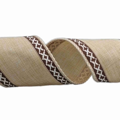 Stuha lněná s drátkem béžová přírodní geometrie 9.1 m