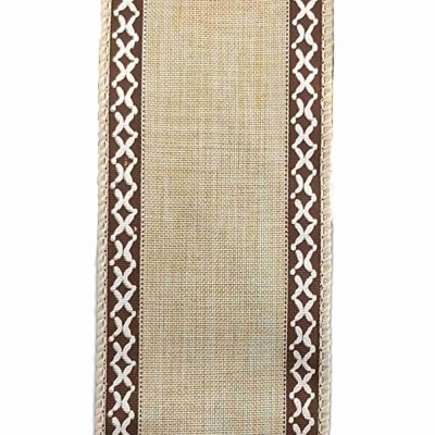 Stuha lněná s drátkem béžová přírodní geometrie 9.1 m