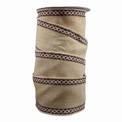 Stuha lněná s drátkem béžová přírodní geometrie 9.1 m