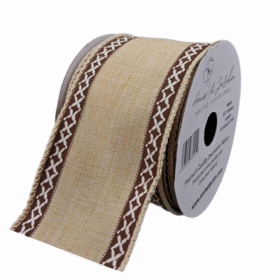 Stuha lněná s drátkem béžová přírodní geometrie 9.1 m