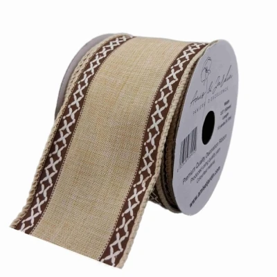 Stuha lněná s drátkem béžová přírodní geometrie 9.1 m