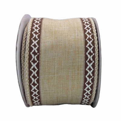 Stuha lněná s drátkem béžová přírodní geometrie 9.1 m