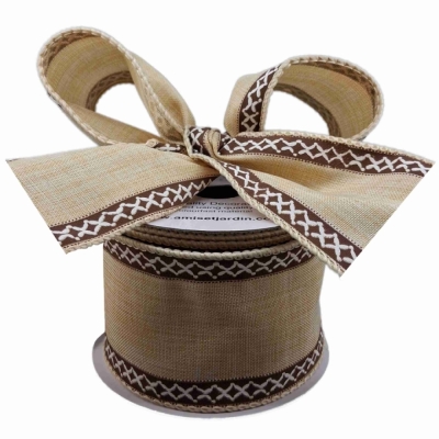 Stuha lněná s drátkem béžová přírodní geometrie 9.1 m