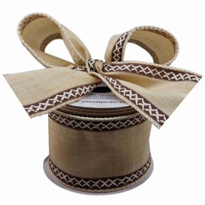 Stuha lněná s drátkem béžová přírodní geometrie 9.1 m
