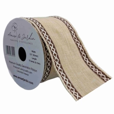 Stuha lněná s drátkem béžová přírodní geometrie 9.1 m