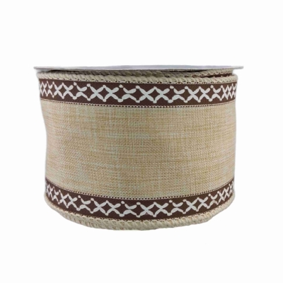 Stuha lněná s drátkem béžová přírodní geometrie 9.1 m