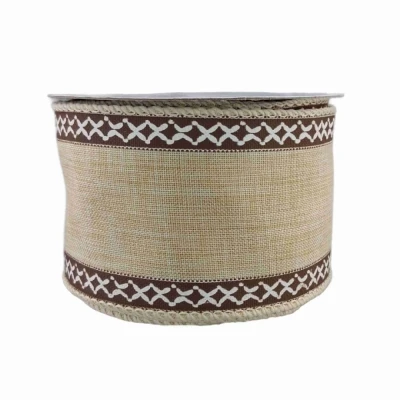 Stuha lněná s drátkem béžová přírodní geometrie 9.1 m