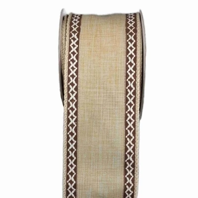 Stuha lněná s drátkem béžová přírodní geometrie 9.1 m