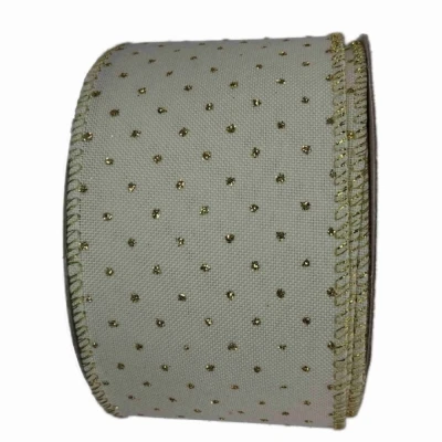 Stuha lněná s drátkem krémová vánoční tečky 9.1 m