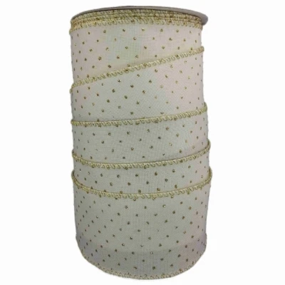 Stuha lněná s drátkem krémová vánoční tečky 9.1 m