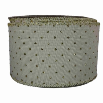 Stuha lněná s drátkem krémová vánoční tečky 9.1 m