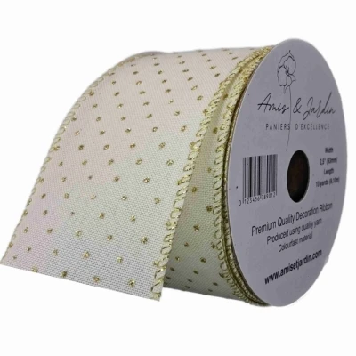 Stuha lněná s drátkem krémová zlaté tečky 9.1 m