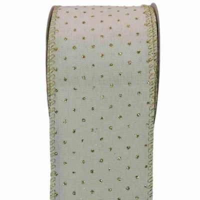 Stuha lněná s drátkem krémová vánoční tečky 9.1 m