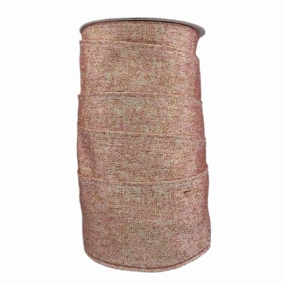 Stuha lněná s drátkem růžová vánoční třpytky 9.1 m