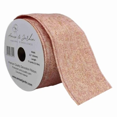 Stuha lněná s drátkem růžová vánoční třpytky 9.1 m