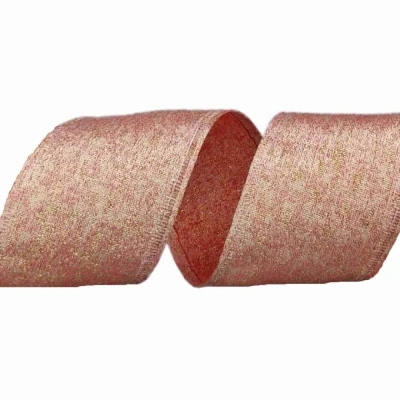 Stuha lněná s drátkem růžová vánoční třpytky 9.1 m