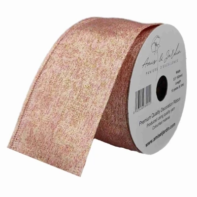 Stuha lněná s drátkem růžová zlaté třpytky 9.1 m