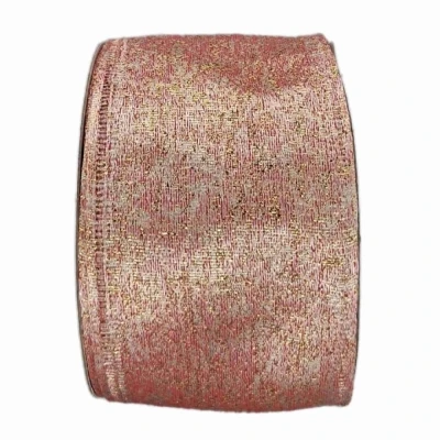 Stuha lněná s drátkem růžová vánoční třpytky 9.1 m