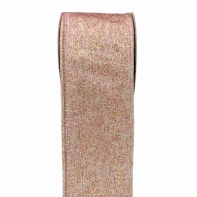 Stuha lněná s drátkem růžová vánoční třpytky 9.1 m